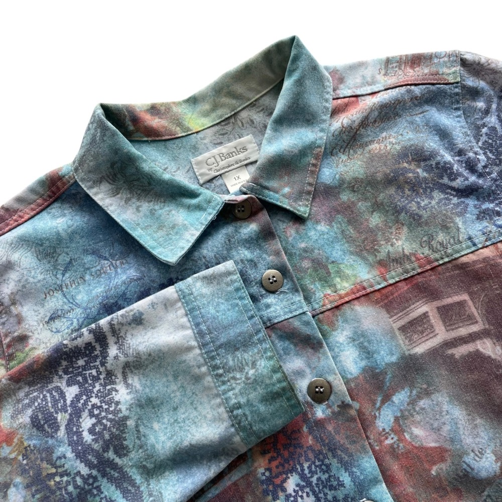 C.J. Banks 1X Blue Multi Art Deco PARIS FRANCE Arc de Triomphe Cafe Denim Jacket